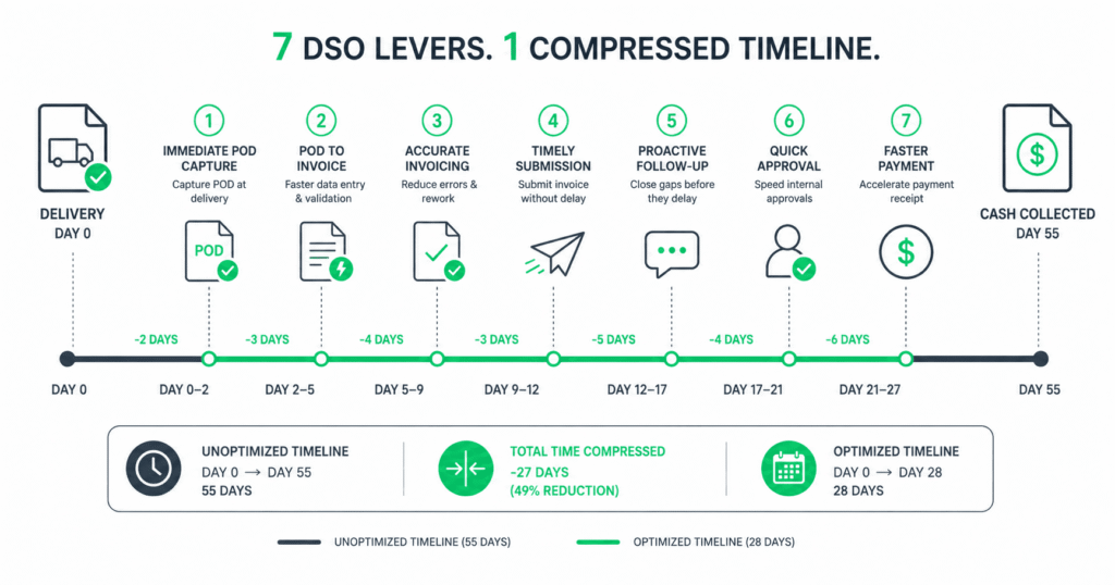 7 DSO levers on a freight brokerage timeline from delivery at Day 0 to cash collected at Day 55 — showing how each lever compresses the timeline from 55 days to 28 days, a 49% reduction