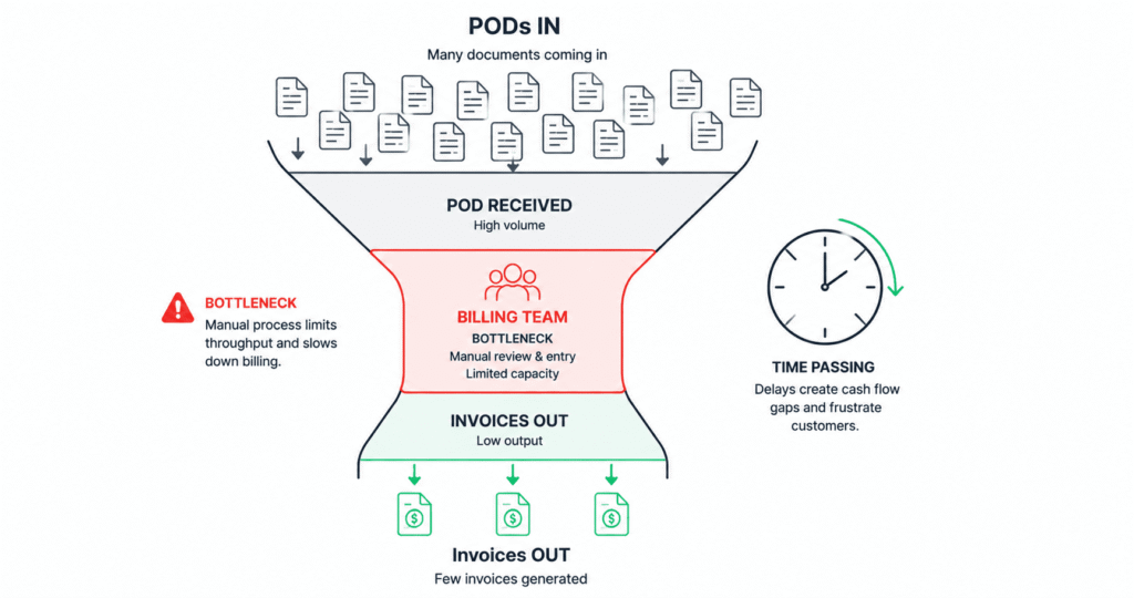 Funnel visual showing many POD documents flowing in at the top, passing through a narrow billing team bottleneck in the middle, and few invoices coming out slowly at the bottom. A clock on the side shows time passing.