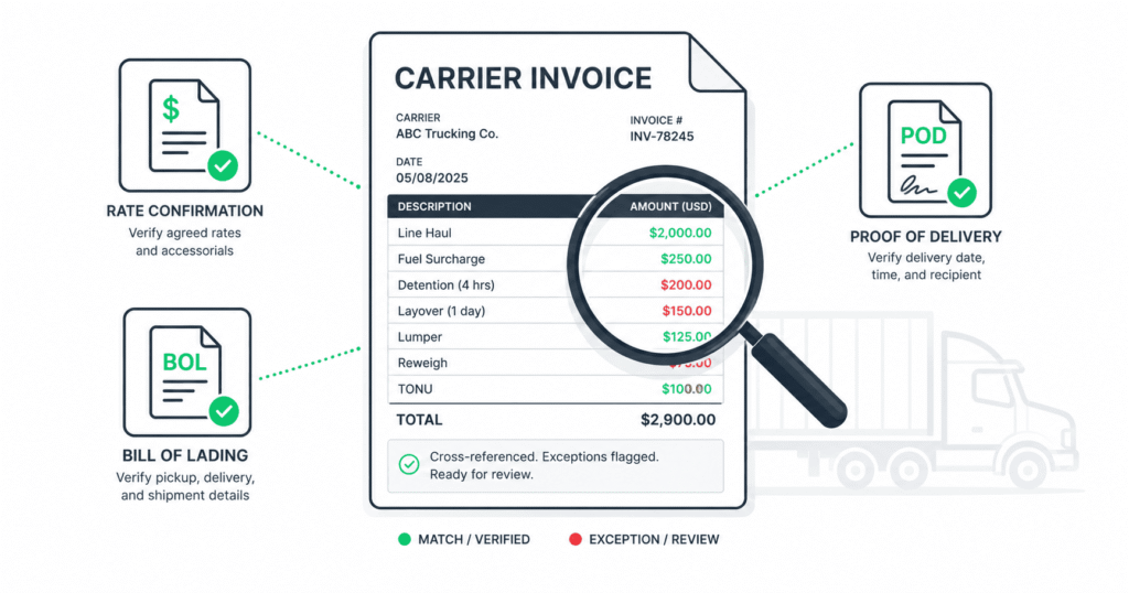 Carrier invoice verification diagram showing a freight invoice from ABC Trucking Co. being cross-referenced against three documents — rate confirmation, bill of lading, and proof of delivery. Line items are color-coded green for verified matches and red for exceptions requiring review, including detention, layover, lumper, and TONU charges. A magnifying glass highlights the amounts being audited.