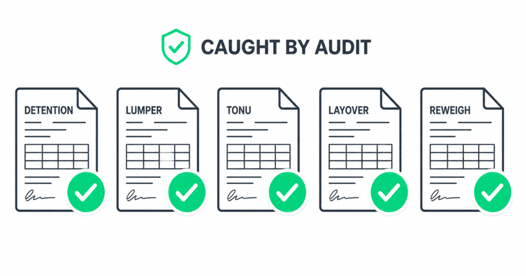 Five freight documents labeled Detention, Lumper, TONU, Layover, and Reweigh, each with a green checkmark showing charges caught by a pre-billing audit