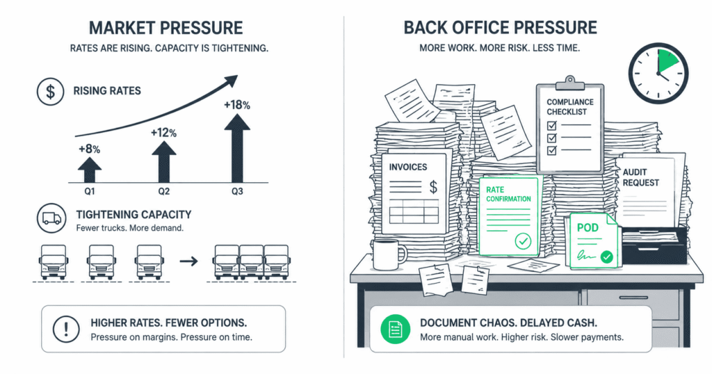 Split infographic showing market pressure on the left — rising freight rates increasing 8% in Q1, 12% in Q2, and 18% in Q3 alongside tightening capacity with fewer trucks and more demand — and back-office pressure on the right — an overwhelmed desk piled with invoices, rate confirmations, PODs, compliance checklists, and audit requests representing more manual work, higher risk, and slower payments.