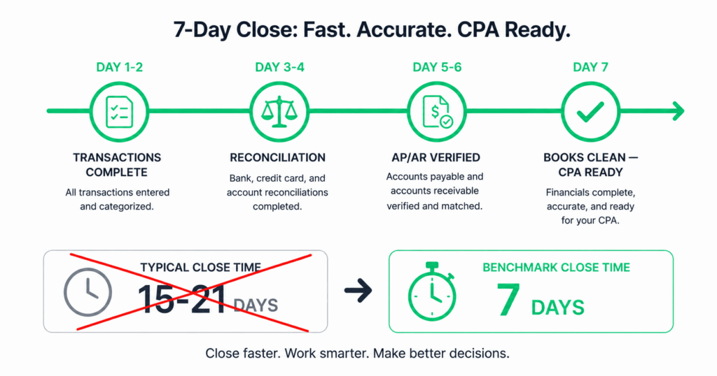Timeline showing month-end close process for freight companies. Day 1-2 transaction recording complete, Day 3-4 bank and credit card reconciliation, Day 5-6 AP and AR verification, Day 7 clean books delivered to CPA. A comparison bar shows typical close at 15-21 days versus the 7-day benchmark.