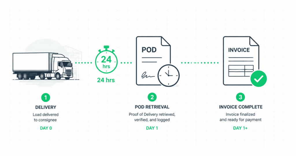 POD retrieval timeline showing three steps — delivery on Day 0, proof of delivery retrieved and verified within 24 hours on Day 1, and invoice finalized and ready for payment on Day 1 and beyond. A stopwatch icon between delivery and POD retrieval marks the 24-hour target window.