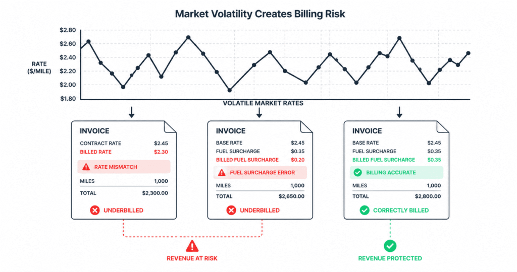 Rate chart with volatile up and down line at the top with arrows pointing down to three invoice documents below. One shows a rate mismatch highlighted in red, one shows a fuel surcharge error, and one shows a correct invoice with a green checkmark.