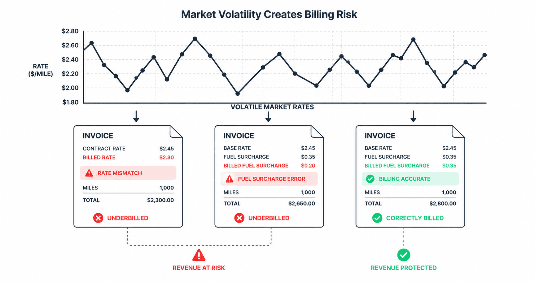 Rate chart with volatile up and down line at the top with arrows pointing down to three invoice documents below. One shows a rate mismatch highlighted in red, one shows a fuel surcharge error, and one shows a correct invoice with a green checkmark.