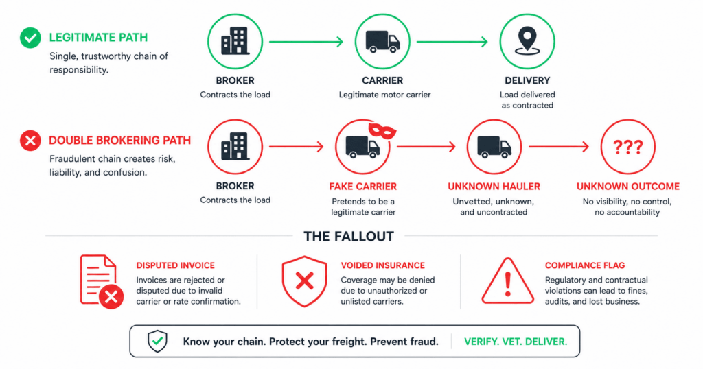 Load flow diagram showing the legitimate path from broker to carrier to delivery in green and the double brokering path from broker to fake carrier to unknown hauler in red. A mask icon overlays the fake carrier node. Below icons show the fallout: disputed invoice, voided insurance, and compliance flag.