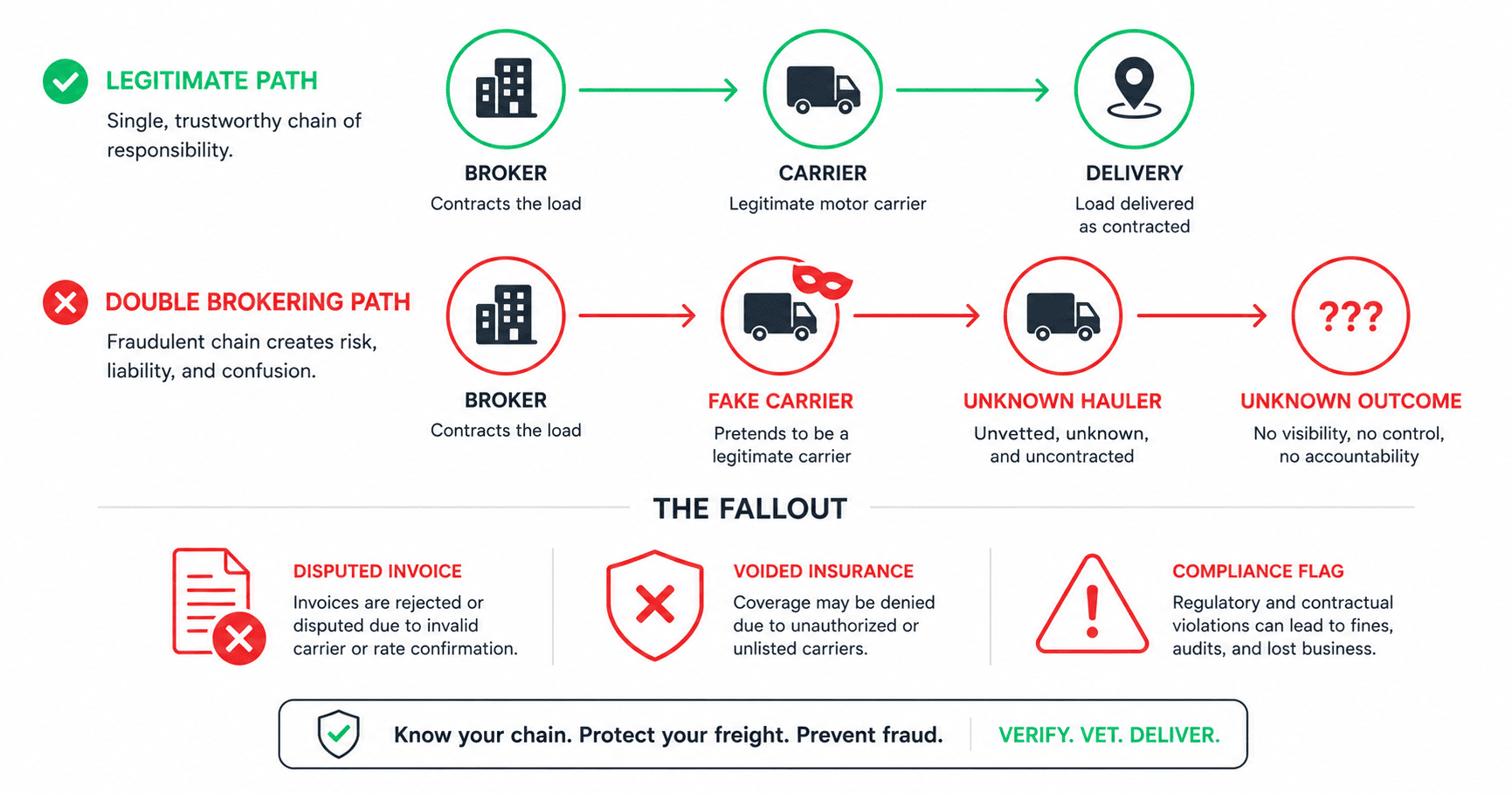 Load flow diagram showing the legitimate path from broker to carrier to delivery in green and the double brokering path from broker to fake carrier to unknown hauler in red. A mask icon overlays the fake carrier node. Below icons show the fallout: disputed invoice, voided insurance, and compliance flag.