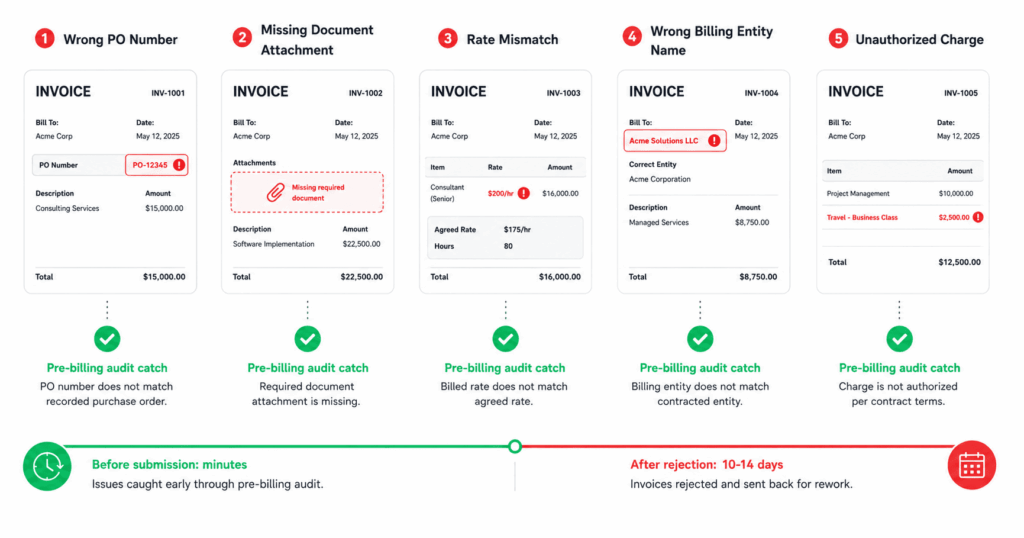Five invoice documents in a row each with a different error highlighted in red: wrong PO number, missing document attachment, rate mismatch, wrong billing entity name, and unauthorized charge. Below each a checkmark in green shows the pre-billing audit catch.