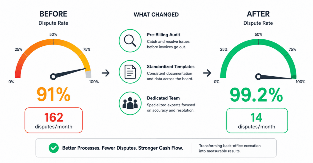 Before and after gauge showing left gauge at 91 percent in amber with 162 disputes per month below, and right gauge at 99.2 percent in green with 14 disputes per month below. Three icons between represent the changes: pre-billing audit, document template, and dedicated team.