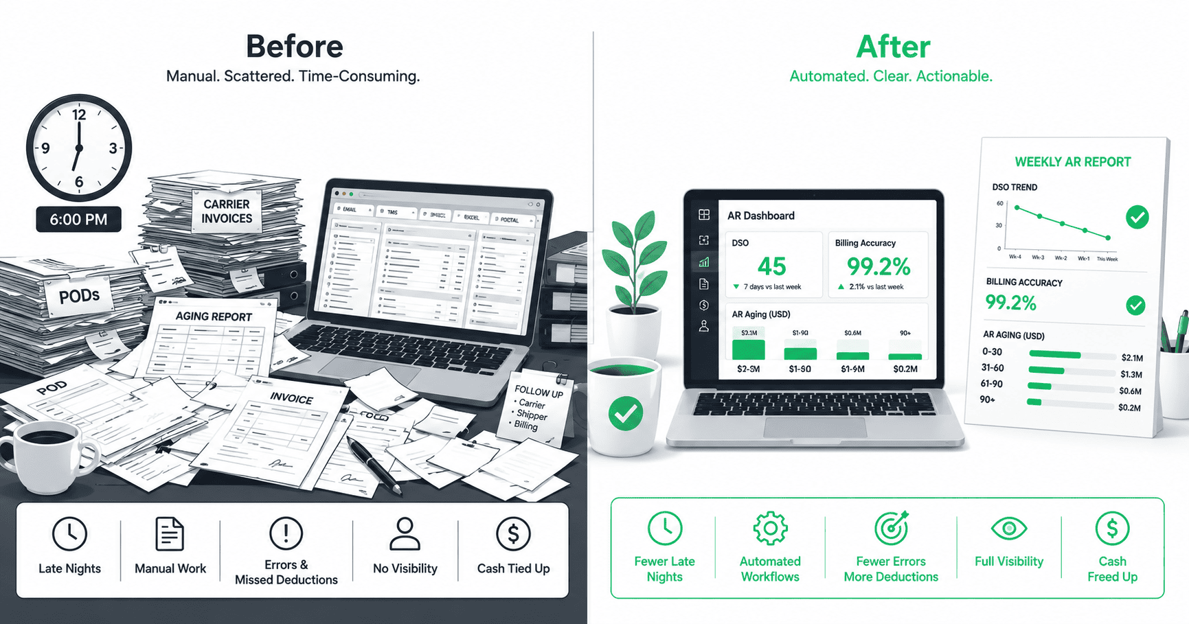 Before and after comparison of a freight brokerage owner's desk. Before the handoff shows a cluttered desk at 6pm with stacked PODs, carrier invoices, aging reports, and multiple open tabs. After the handoff shows a clean desk with a single weekly report displaying DSO trend, billing accuracy, and AR aging buckets with green status indicators.