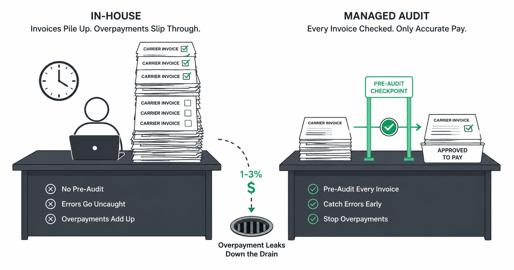 Side-by-side comparison of in-house carrier invoice audit with growing backlog versus managed audit service where every invoice passes through a structured checkpoint before payment