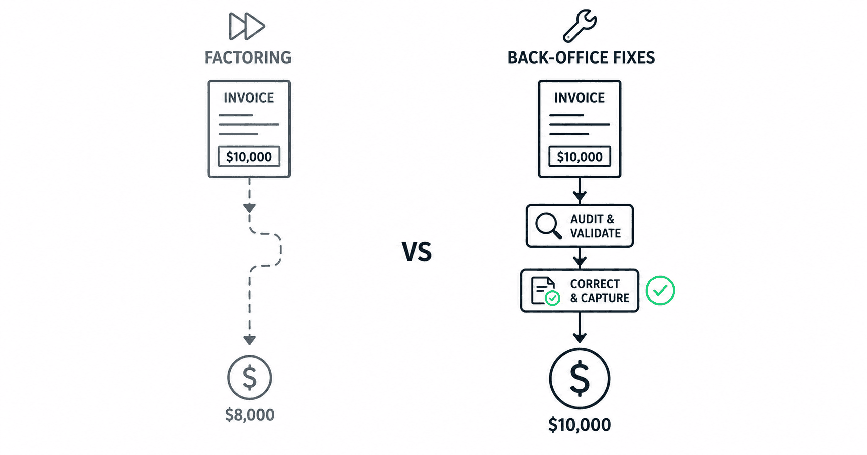 Side-by-side comparison of factoring, which gives faster access to less money, versus fixing billing operations, which captures the full invoice amount